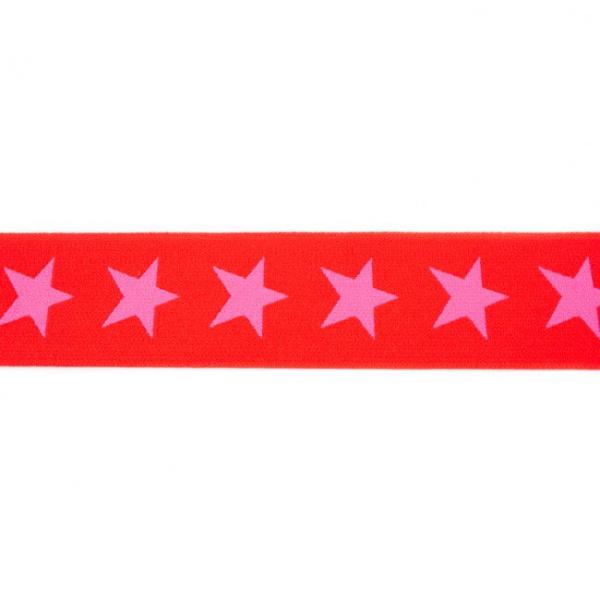 Gummiband Rot mit Rosa Sternen Breite 4 cm
